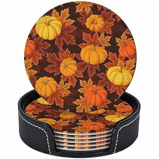 wonima44 6 Pcs Autumn Seamless Pumpkin Leaves Leather Coasters for Drinks with Holder Coaster Sets Drink Table Cup Coasters for Living Room Kitchen Coffee Decor