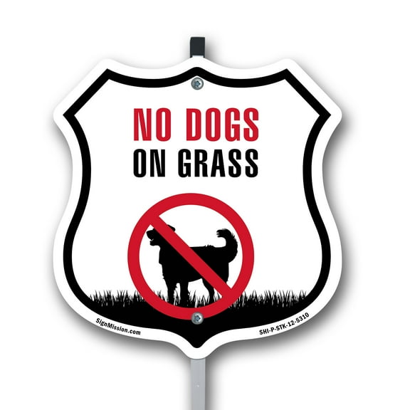 No Dogs on Grass 12 inch X 12 inch Shield Shaped Commercial Grade Plastic Sign with Aluminum Mounting Stake Weather Resistant Made in the USA