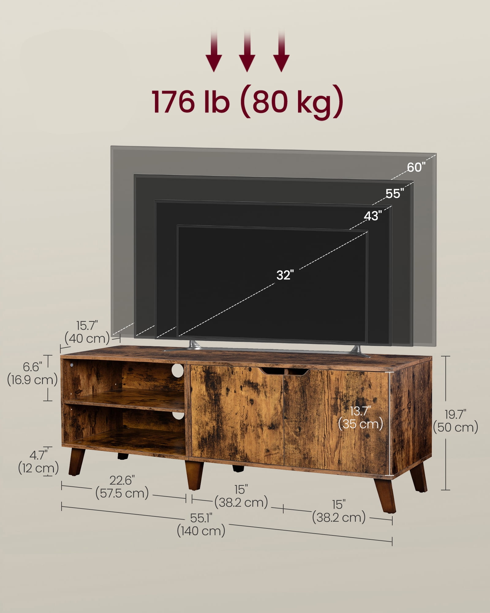 SONGMICS HOME Rustic Brown TV Stand with 2 Doors, Fits TVs up to 60 Inches – TV Bench/Cabinet