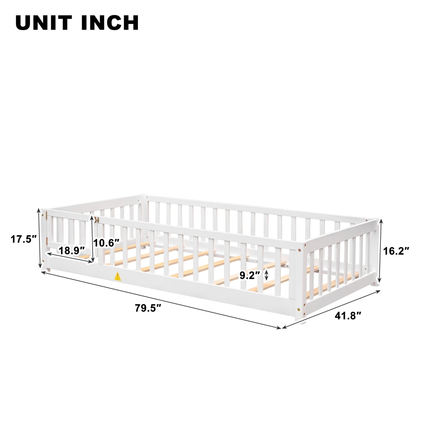 Twin Size Floor Bed, Wood Platform Bed with Fence and Door, Montessori Bed Frame with Slats Support, No Box Spring Needed,White