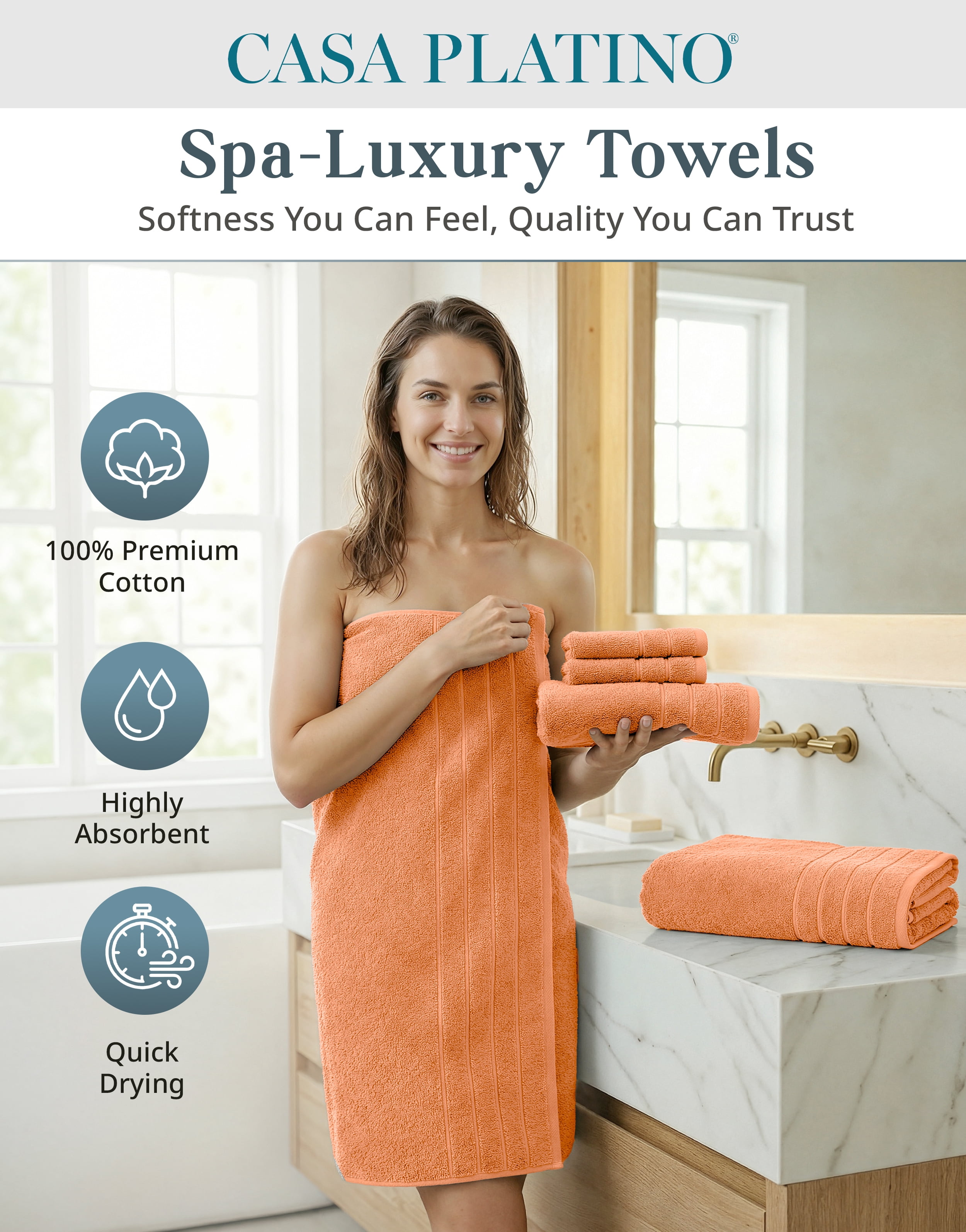 Casa Platino Luxury Towel Set - 18 Piece Set with 6 Large Bath Towels, 6 Soft Hand Towels & 6 Washcloths - 100% Ring Spun Cotton, Quick Dry - Peach Fuzz