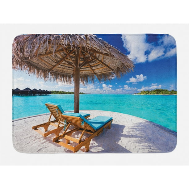 Beach Bath Mat, Maldives Scenic Seaside View Sunbeds Under Umbrella ...
