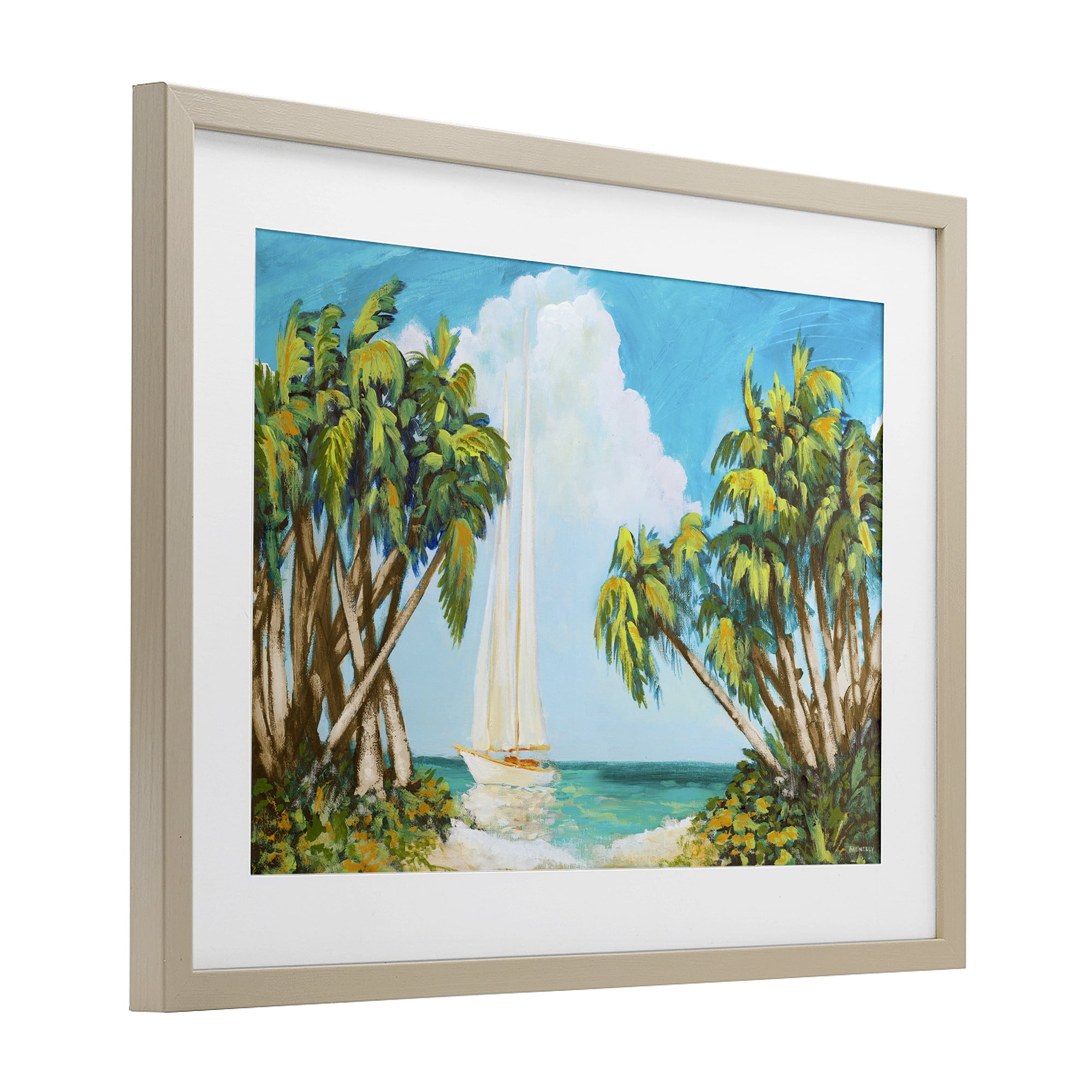 Stupell Industries Sailboat Among Palms Birch Framed Print Under Glass, design by Dan Meneely