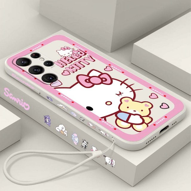 Sanrio Hello Kitty Cartoon Liquid Left Rope For Samsung Galaxy S24 S23 S22 S21 S20 FE S10 Ultra Plus Lite 5G Cover Funda Gift Festivals
