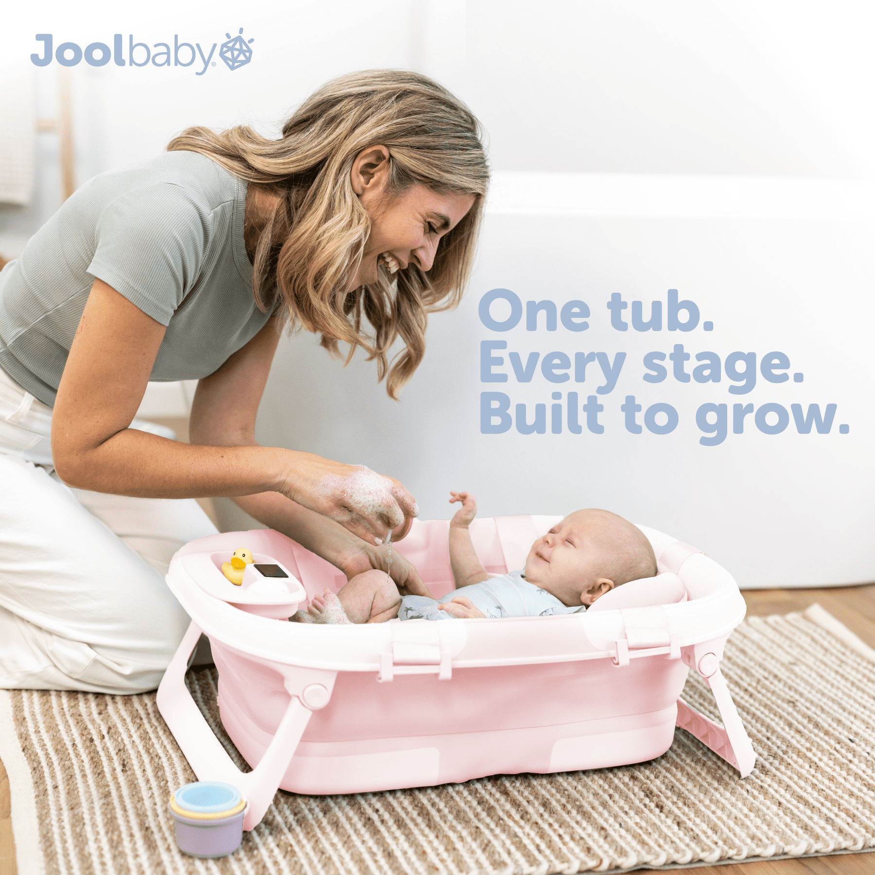 Jool Baby Fold ‘n Store Baby Bathtub – 3 Stage Collapsible Bather for Easy Storage, Portable for Travel – Built-in Thermometer (Pink)