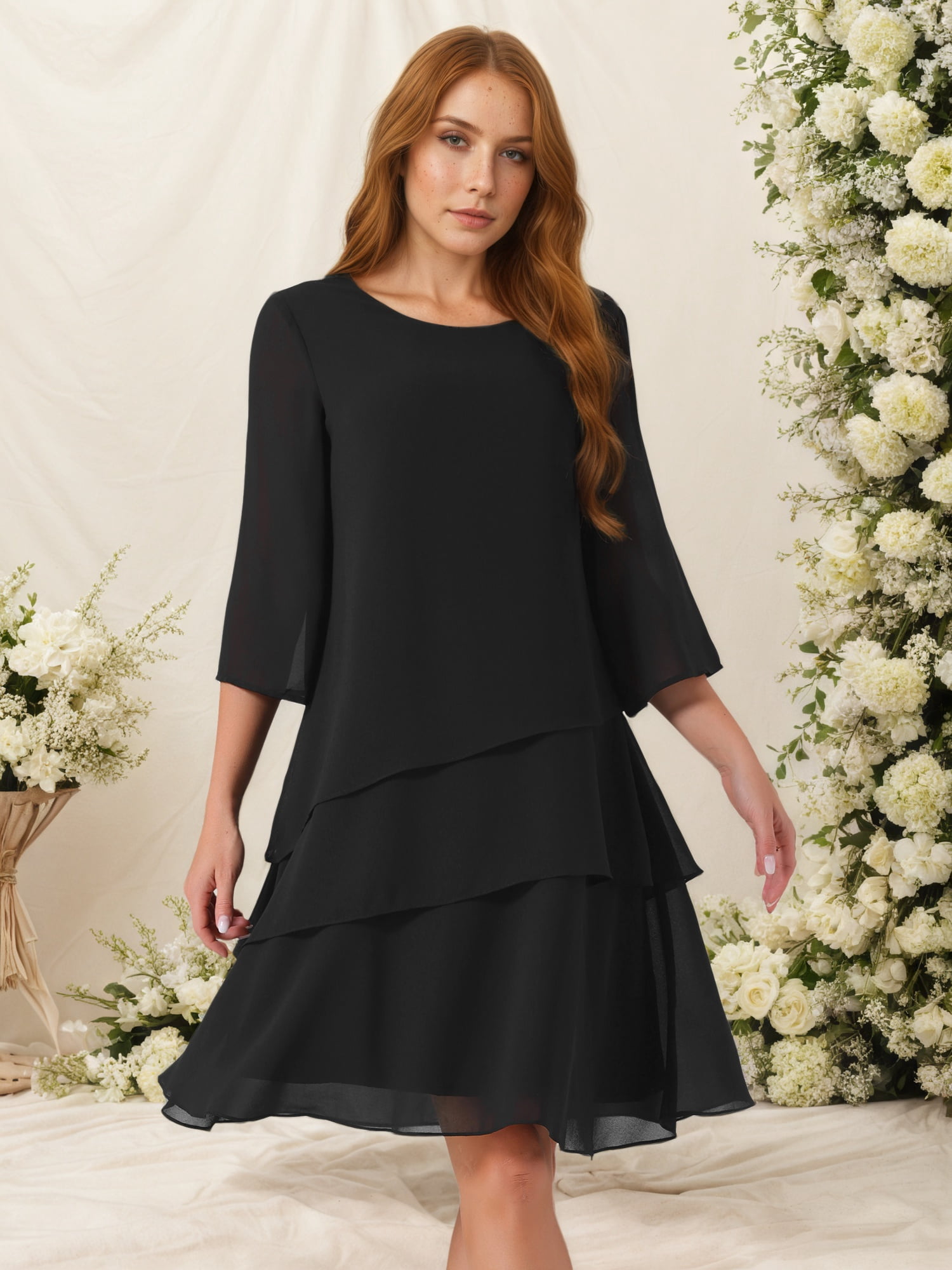 DARING DIVA Chiffon 3/4 Sleeve Tiered Layered Flowy Dress S Black