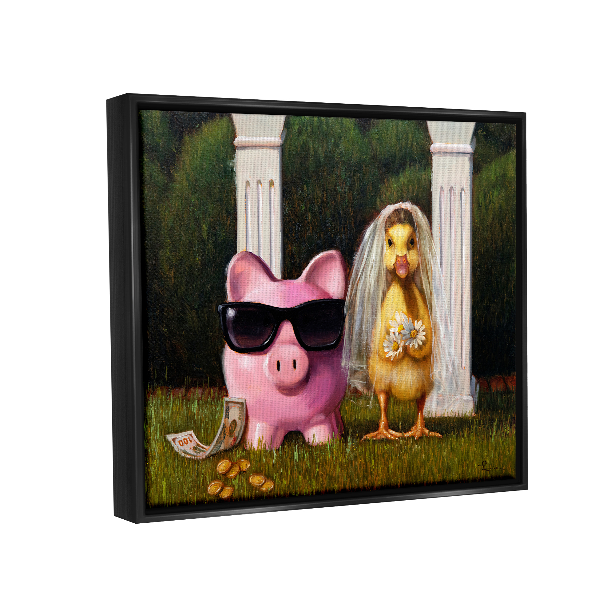 Stupell Industries Funny Pig & Duck Wedding Animals & Insects Painting Black Floater Framed Canvas Art Print Wall Art, 21 x 17