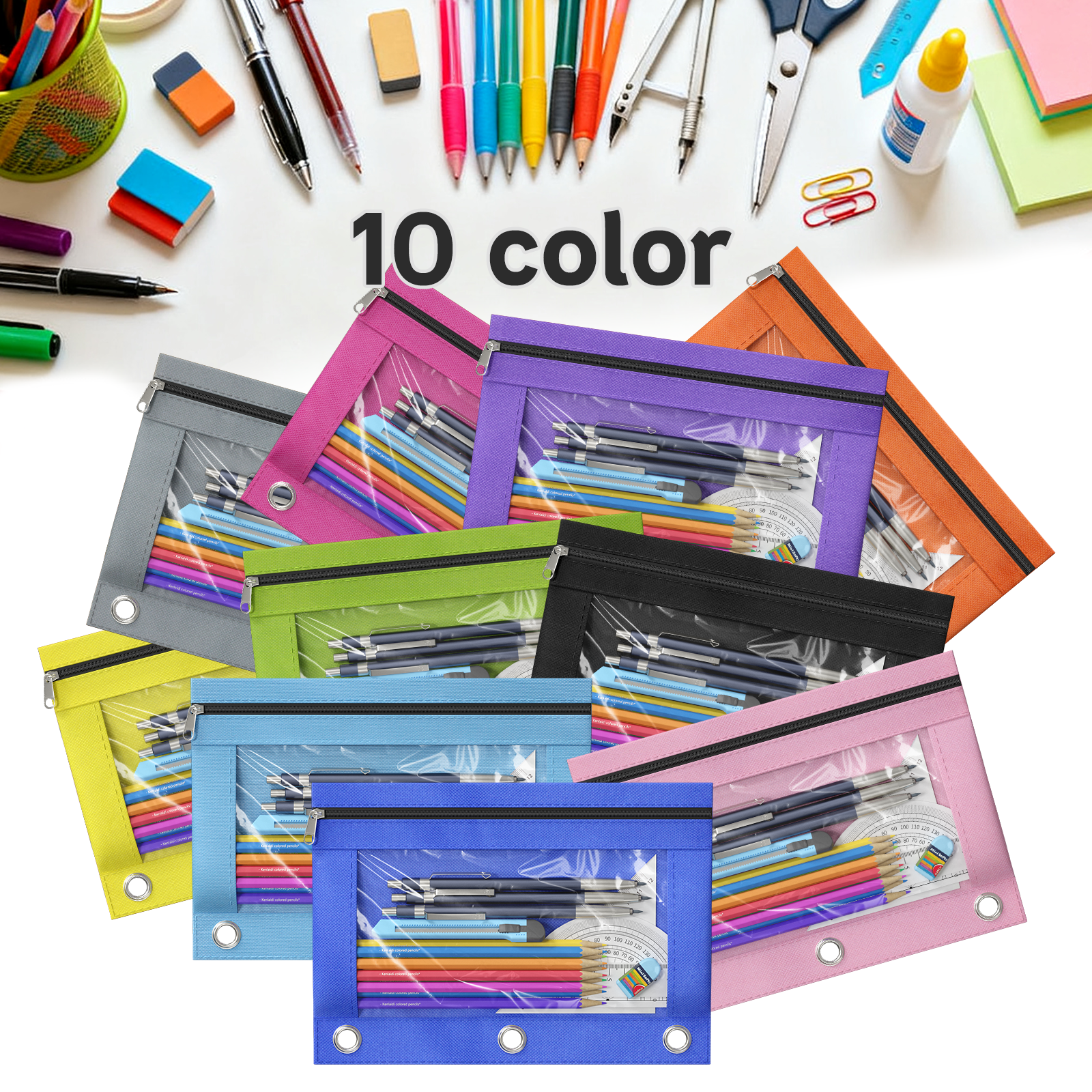 DoDoMagxanadu 3 Ring Binder Pencil Pouch with Zipper, Pencil Case with Rivet Enforced 3 Ring for School Supplies, 20 pack Clear Window Pencil Bag for Binder