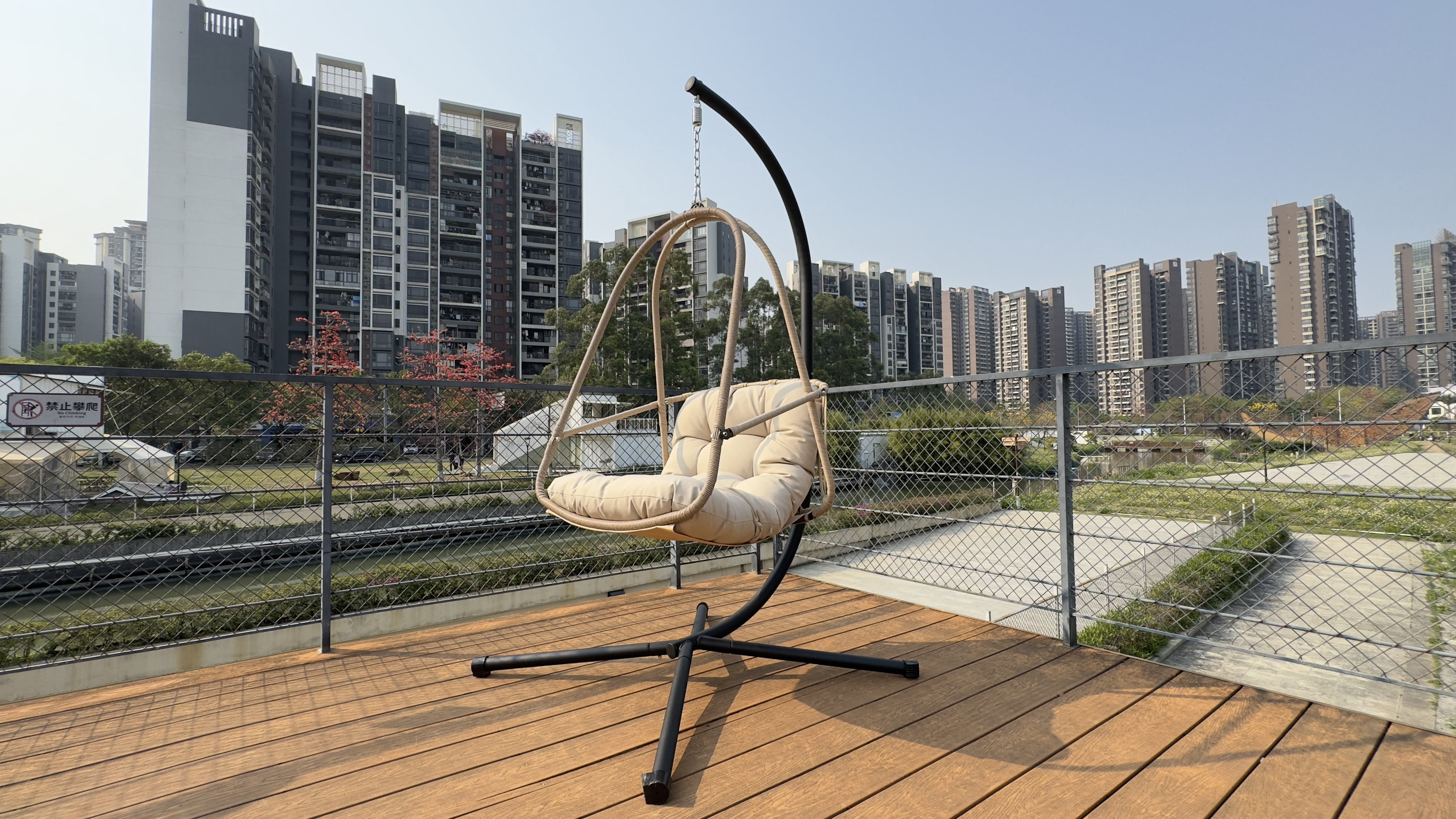 Swing Egg Chair with Stand, Wicker Rattan Hanging Chair with Cushion Pillow for Indoor Outdoor Patio Garden Balcony, Beige Brown