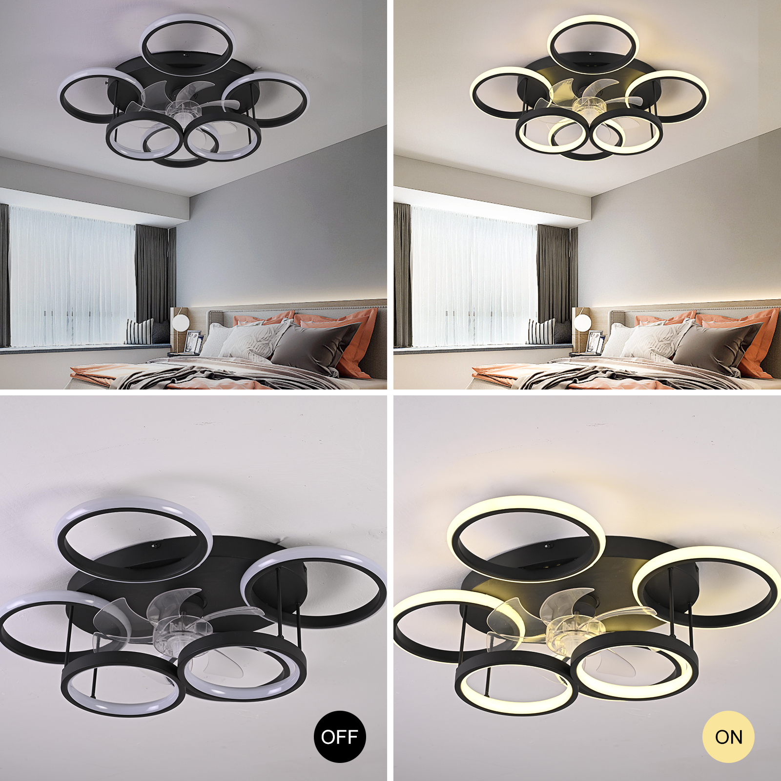 Garwarm Ceiling Fans with Lights, Modern Ceiling Fan with Lights Remote Control, Low Profile Ceiling Fan, 6 Speed Dimmable LED Ceiling Lamp for Bedroom, Kitchen, Black
