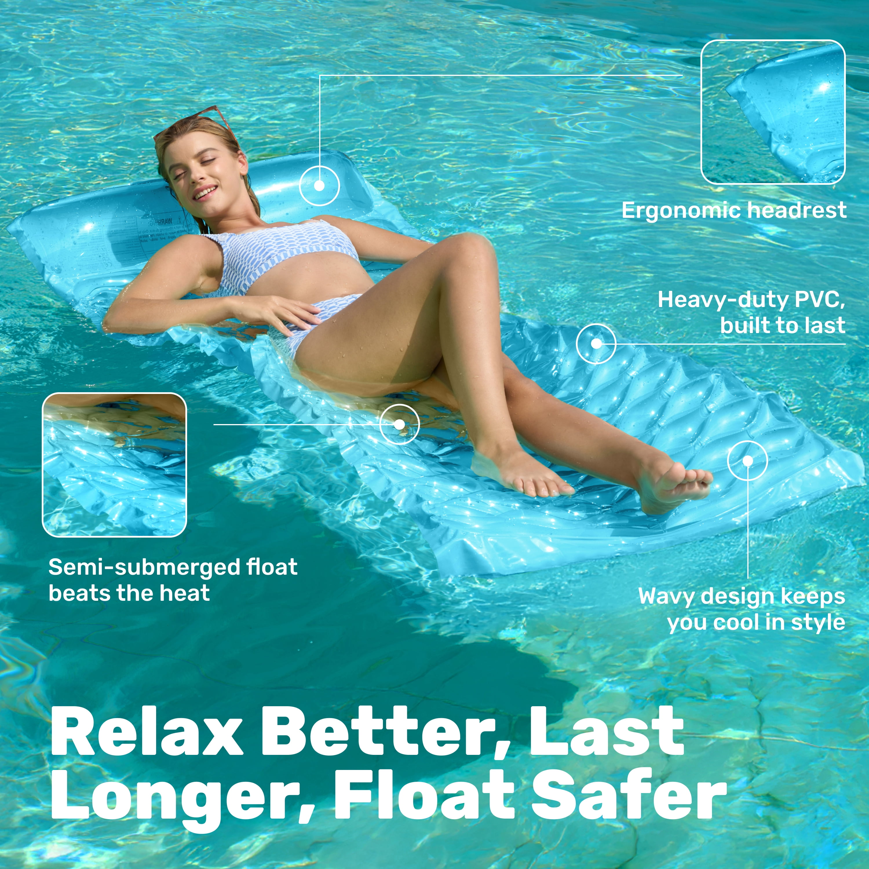 Joyfy 2 Packs Inflatable Pool Floats Raft, Pool Lounge for Adults, 64x32 inch Swimming Mat Pool Mattress with Headrest, Float Air Mat Pool Raft for Summer Water Beach Fun