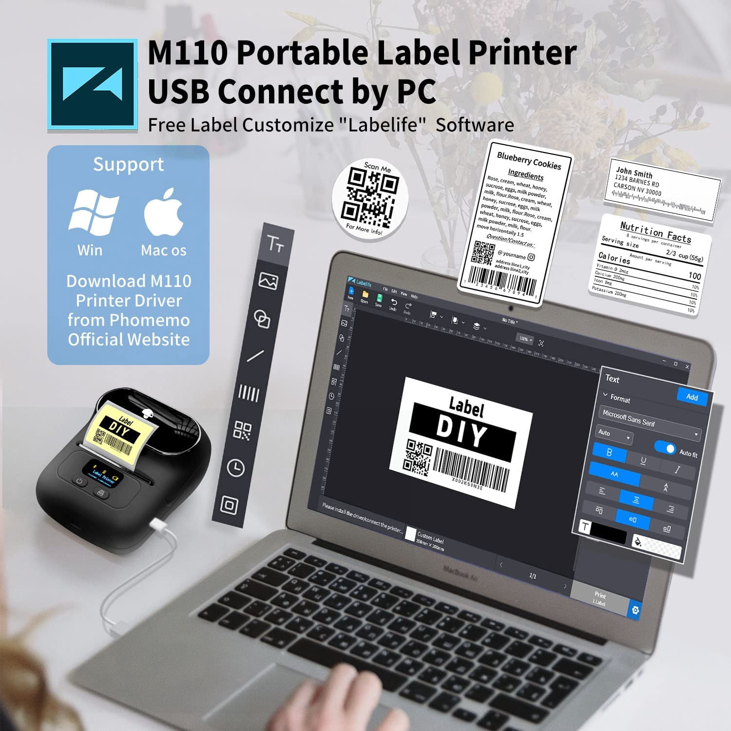 Phomemo M110 Thermal Label Printer - Portable Bluetooth Address Label Maker for Small Business, Barcode & Retail, Compatible with Phones & PC (Black)