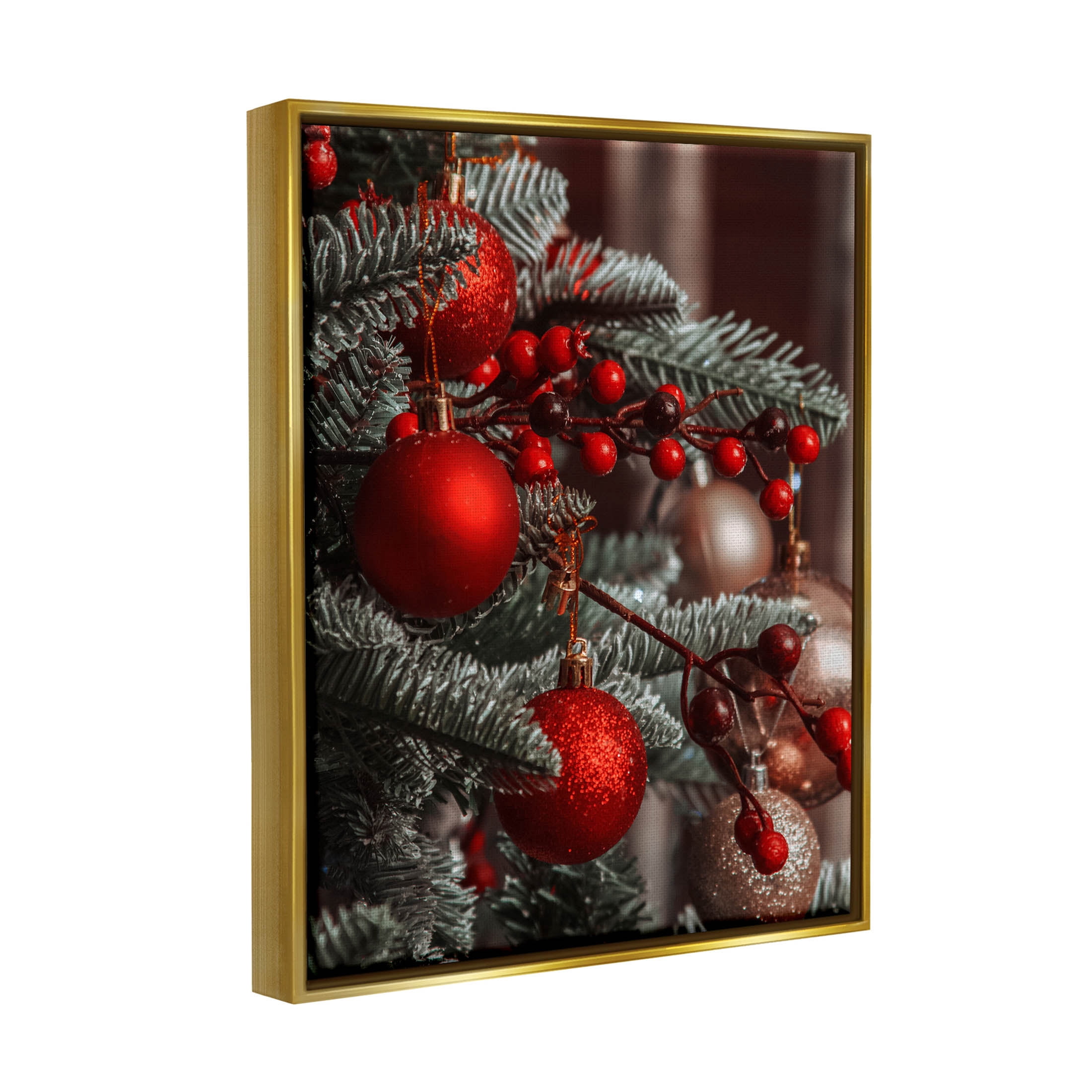 Hanging Red Ornaments Christmas Tree Holiday Photograph Metallic Gold Framed Art Print Wall Art
