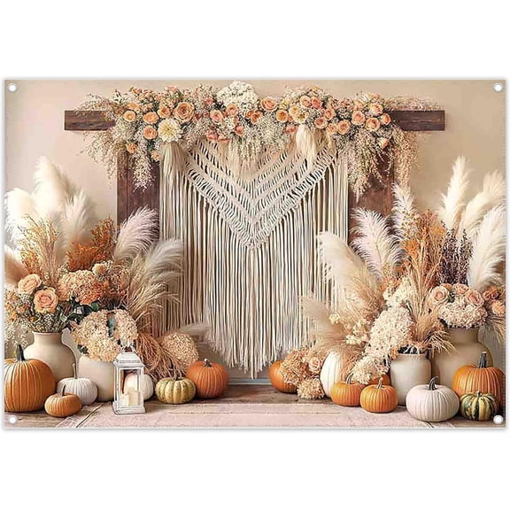 7x5FT Fall Boho Floral Fringe Wedding Backdrop Flower Pumpkin Photography Background Bridal Shower Anniversary Ceremony Party Decorations Banner Photo Props