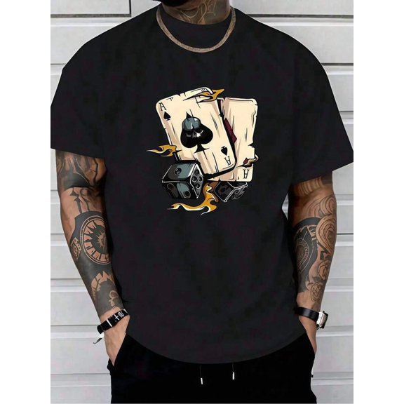 1 Pc Men's Clothing Skull Aces Dice Printed Black Tshirt, Graphic Tee, Summer Tops, Shirt, Unisex Casual Crew Neck Tshirt, Plus Size Men's 5XL,