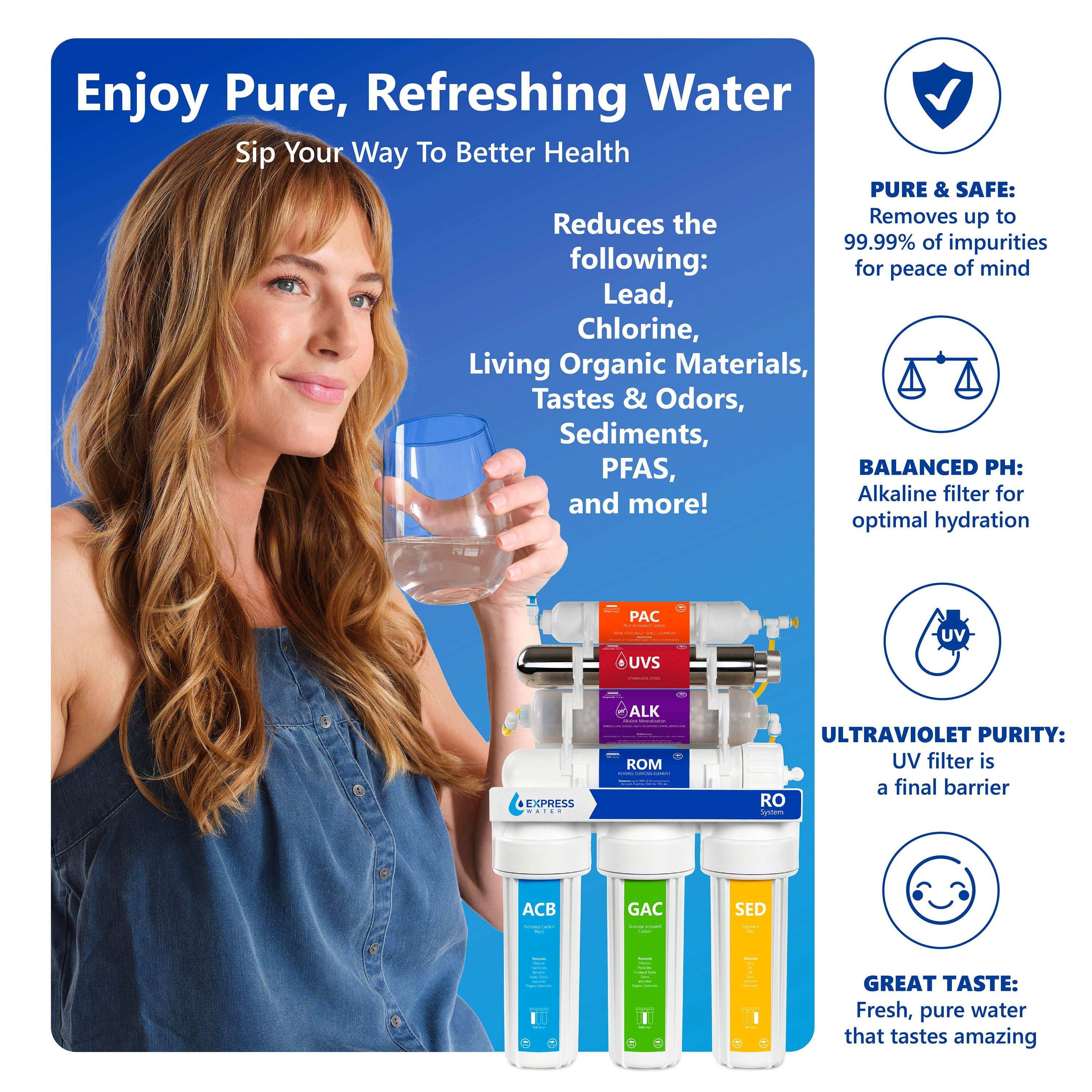 Express Water Alkaline Ultraviolet Reverse Osmosis Water Filtration System - 11 Stage RO UV Mineralizing Alkaline Purifier with Faucet and Tank - Under Sink Filter Mineral, pH + Antioxidant - 100 GPD