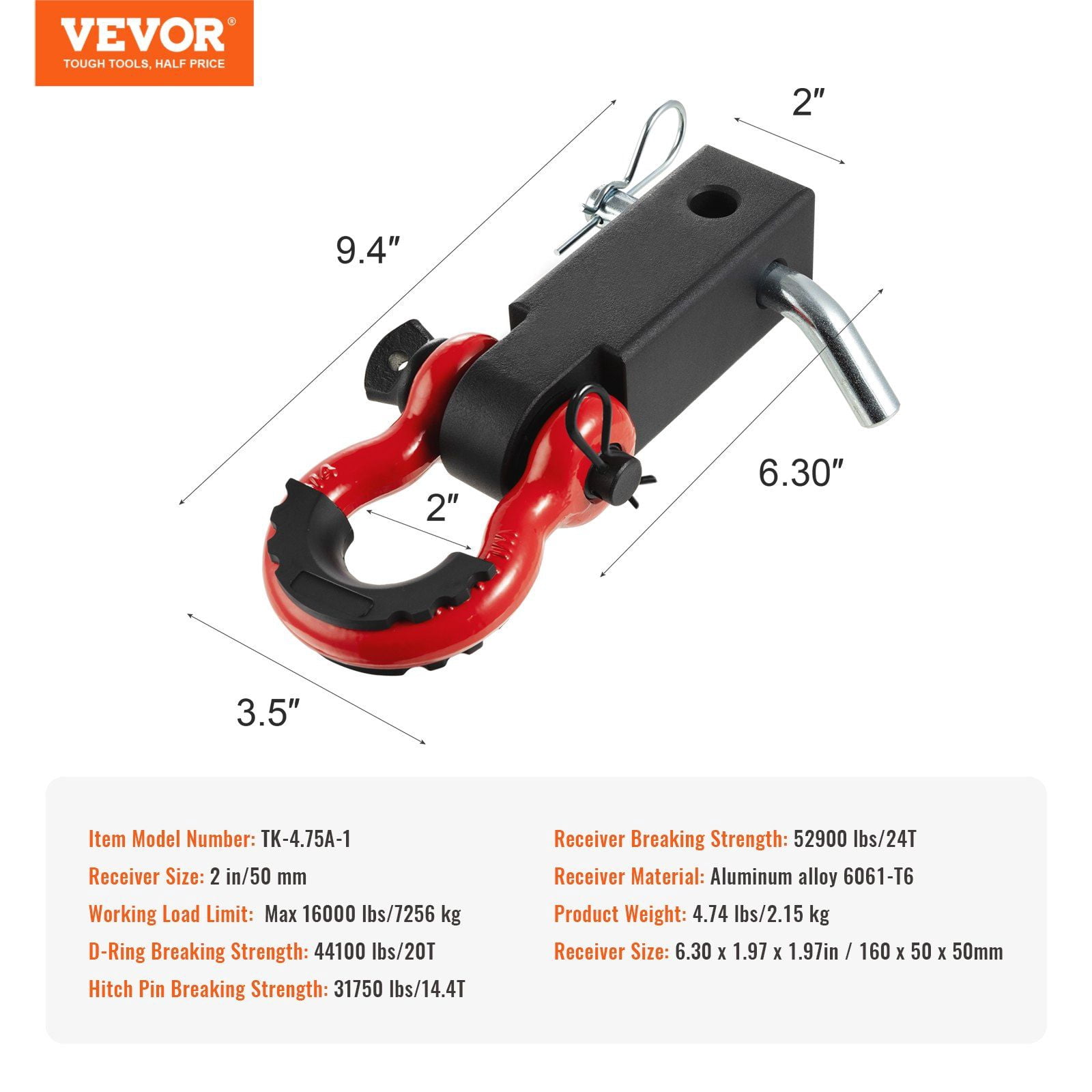 2 Inch Trailer Shackle Hitch Receiver D-Ring Tow Hook Recovery Kit for Truck Jeep SUV Off-Road 52900 lbs Capacity