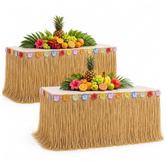 2 Pack Luau Grass Table Skirt, Straw Yellow Hawaiian Polyester Table Skirts for Tropical Beach Party Decorations, 9 ft x 29.5 in