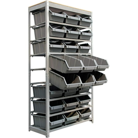 

King s Rack Bin Rack Storage System Heavy Duty Steel Rack Organizer Shelving Unit w/ 24 Plastic Bins in 8 tiers