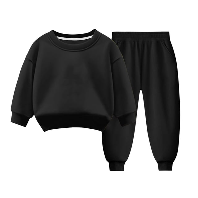 Tenues d'Automne pour Garçons Filles 3 4 5 6 7 8 9 Ans Coton Chaud Col Ras du Cou Manches Longues Chandail et Pantalon Ensembles 2 Pcs (4T, Noir)