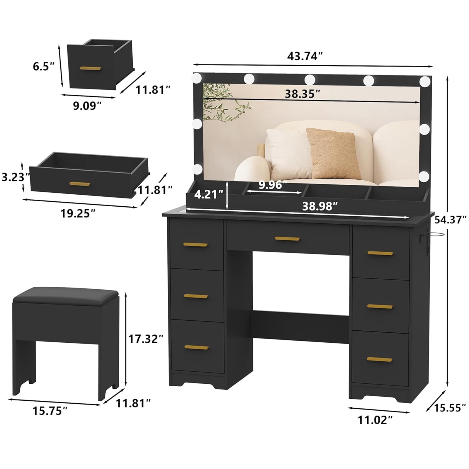 Vanity Desk with 38" Large Mirror and 9 LED Lights & Glass Top and Power Outlet, Adults Makeup Vanity with Chair and 7 Storage Drawers, Dressing Table Set for Bedroom, Modern Black