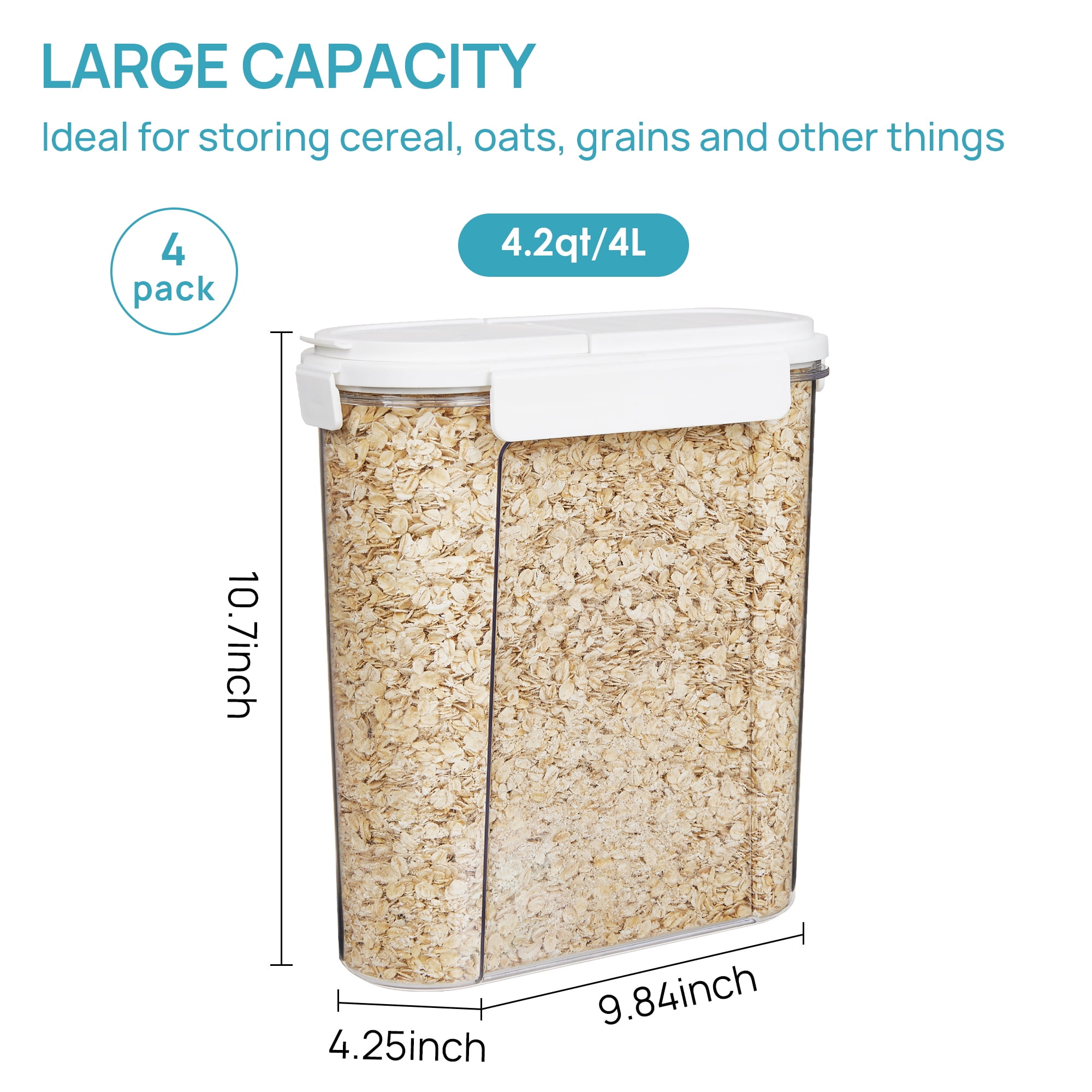 Sindcom Cereal Containers Storage Set, 4 PCS Airtight Food Organizer with Flip-Top Lids, Plastic Cereal Dispenser (135.2oz/4L)