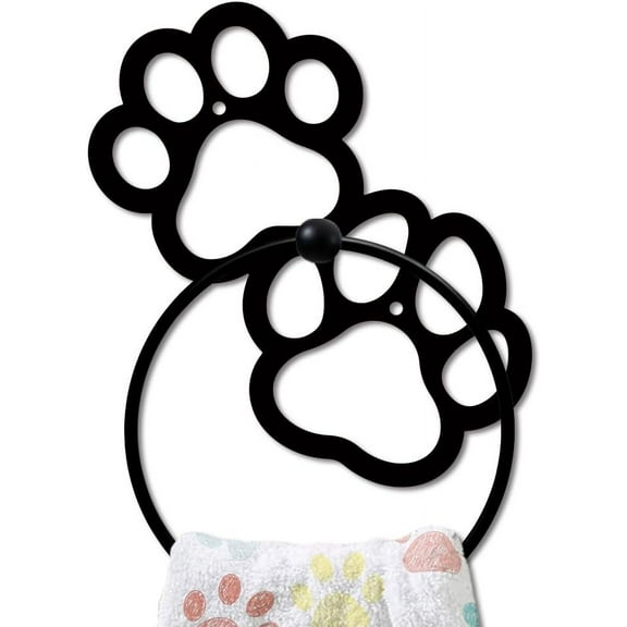 Paw Print Metal Towel Ring Cute Cat Paw Print Towel Holder Dog Claw Pattern Towel Ring Black Art Towel Rack Wall Mounted for Bathroom Kitchen Towel Hanger Home Decors Gift