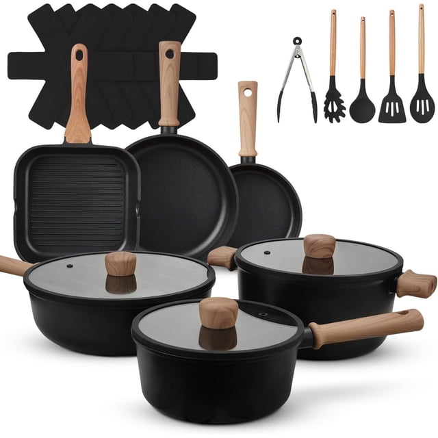 Sartenes Antiadherentes 19 Piezas, Batería de Cocina, Juego de Sartenes de Inducción, Juego de Ollas y Sartenes, Fácil Limpieza, Juego de cocina antiadherente con sartenes y cacerolas