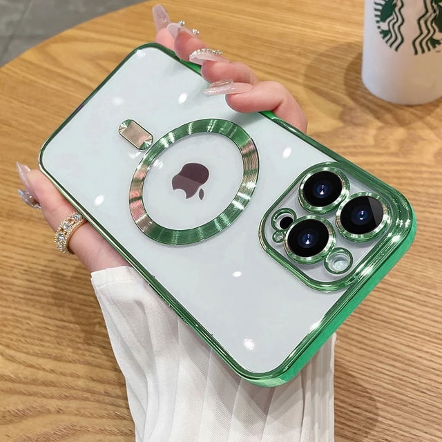 Magnetic Plating Case For iPhone 15 14 16 13 12 11 Pro Max With Camera Lens Protector Glass For Magsafe Wireless Charger Cover Green For iPhone 11