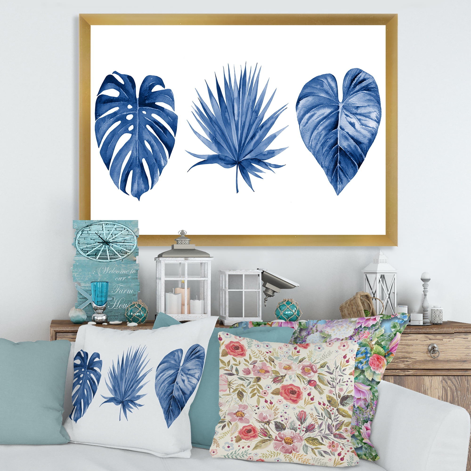 Designart 'Tropical Leaves In Classic Blue ' Tropical Framed Art Print