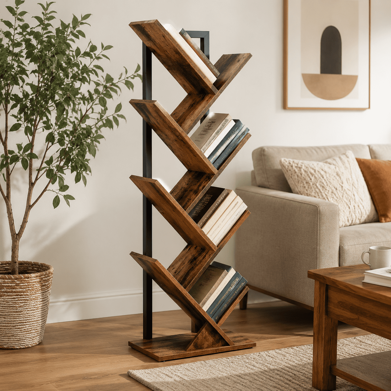 Tree Bookshelf 9-Tier Bookcase Wooden Shelves Floor Standing Storage Rack for Display of CDs Books in Living Room Home Office Wood Storage Rack for Bedroom Rustic Brown