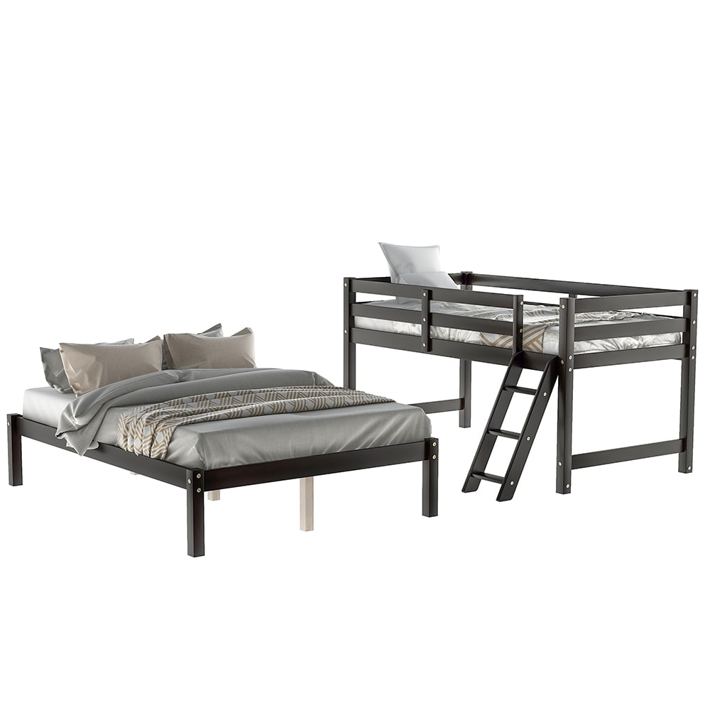 Kepooman Twin over Full Solid Wood Bunk Bed with Ladder for Bedroom Dorm, 79.5"L x 56.9"W x 59"H, Espresso Kepooman Twin over Full Solid Wood Bunk Bed with Ladder for Bedroom Dorm, 79.5"L x 56.9"W x 59"H, Espresso