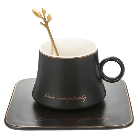 

NUOLUX 1 Set of Ceramic Tea Mug Coffee Cup European Style Coffee with Spoon Saucer (Black)