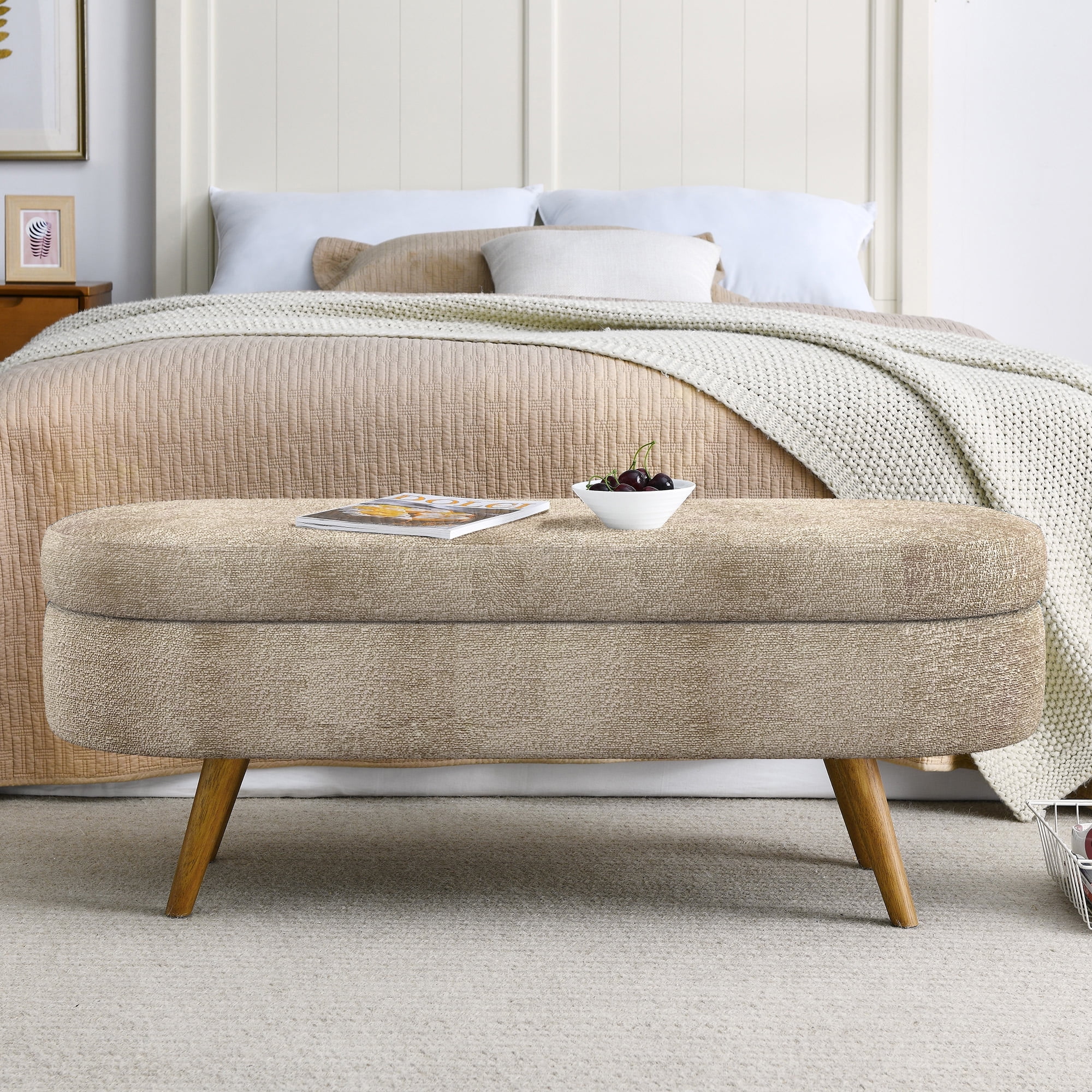 BSHTI Ottoman Oval Storage Bench,Rubber Wood Legs,Storage Bench with Cylindrical Arms and Iron Legs for Hallway Living Room Bedroom