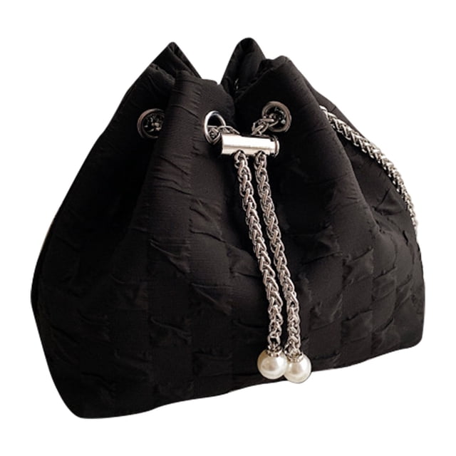 Bolso de lona con cordón y detalle de cadena, perfecto para uso diario, negro, talla única, elegante bolso tipo cubo de gran capacidad