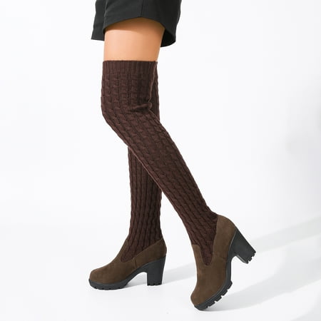 

Women‘s Chunky Heel Sock Over The Knee Boots Comfortable Round Toe High Heels Non-slip Slip On Shoes