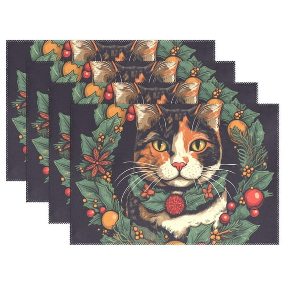 Christmas Flowers and Cat 12×18 inch Placemats Heat Resistant Washable Foldable Rectangular Placemats Set Decoration Indoor Outdoor for Kitchen Dining Table 1PC