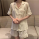 thumbnail image 4 of Pijama de seda de hielo para mujer, ropa de verano fina de manga corta, ropa de casa de verano, traje de dos piezas, 4 of 5