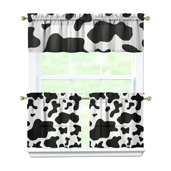 3 PCS Farmhouse Kitchen Curtains Set - Cow Print Black and White Rustic Country Style with Valance & Tier Panels, Semi-Sheer Rod Pocket Window Treatment for Kitchen/Bathroom (54x18"/27.5x24")