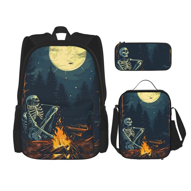 Fotbe Moonlit Skeleton Campfire Set Escolar 3 en 1 para Niños - Mochila Duradera con Lonchera Aislante y Estuche para Lápices - Mochila Escolar para Niños y Niñas