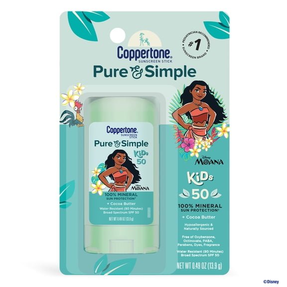 Coppertone Pure and Simple Kids Exclusive Disney Moana Sunscreen Stick SPF 50, 0.49 oz Stick