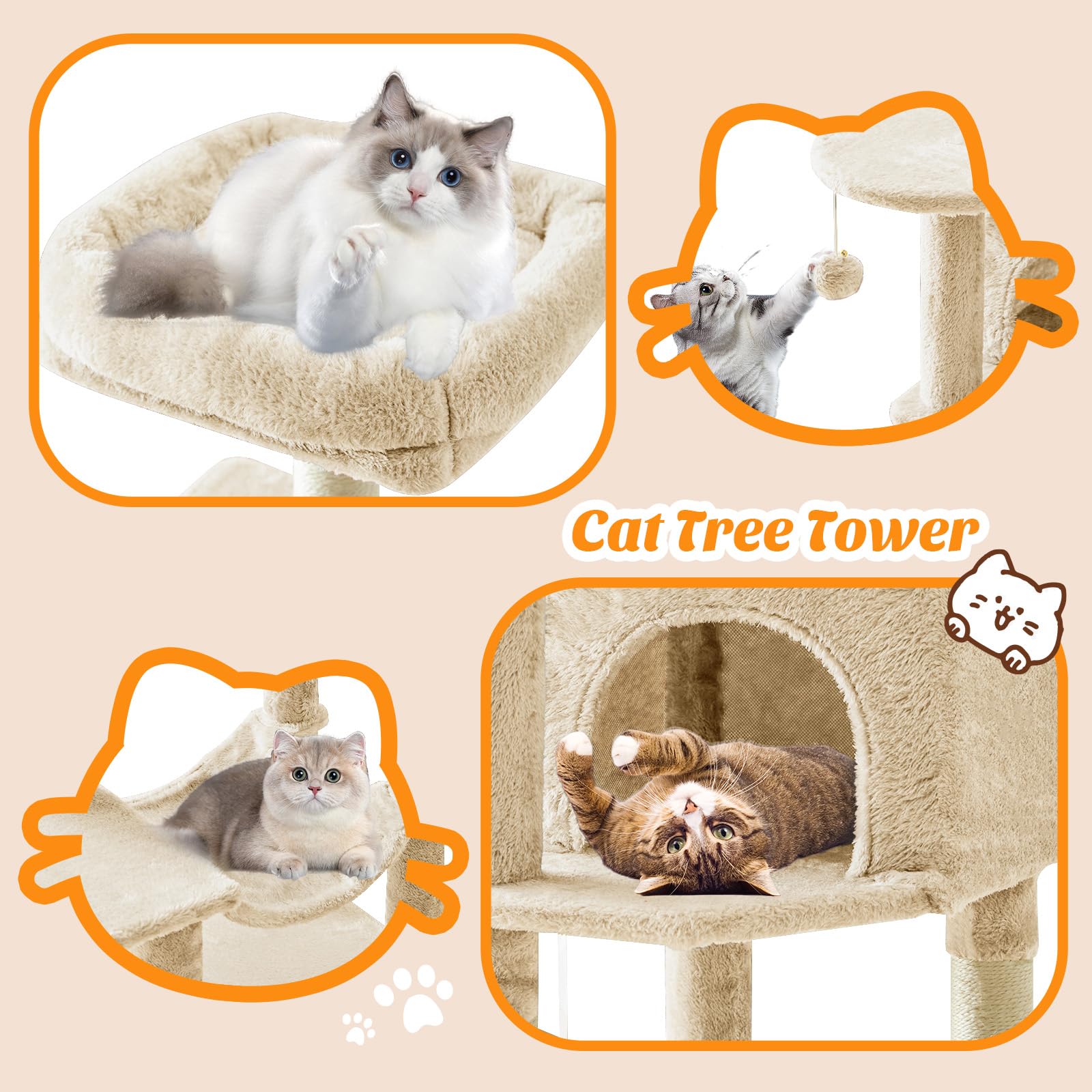 Atilioo 44 inch Cat Tree, Multi-Level Indoor Cat Tower with Condo, Hammock, Sisal Scratching Posts, Anti-Tip Bolts for Indoor Cats, Beige