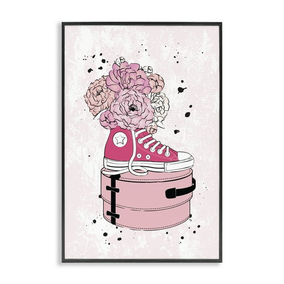 Stupell Industries Pink Glam Sneaker Florals Fashion Painting Black Framed Art Print Wall Art, 12 x 18