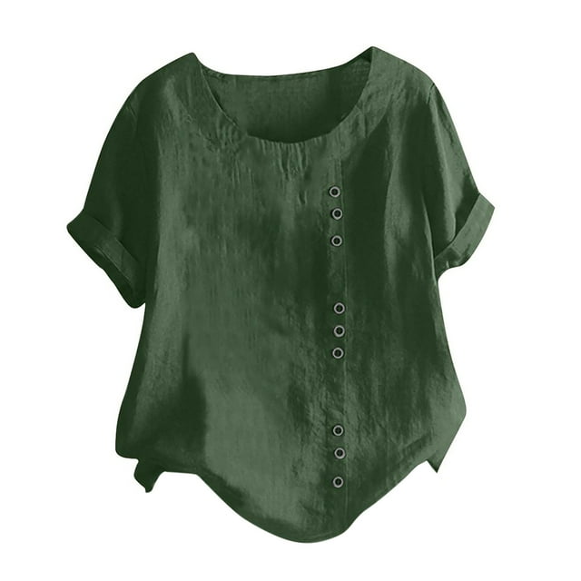 Timegard Cotton Linen Tops for Women Plus Size Round Neck Button Tunic Tops Casual Lightweight Blouse