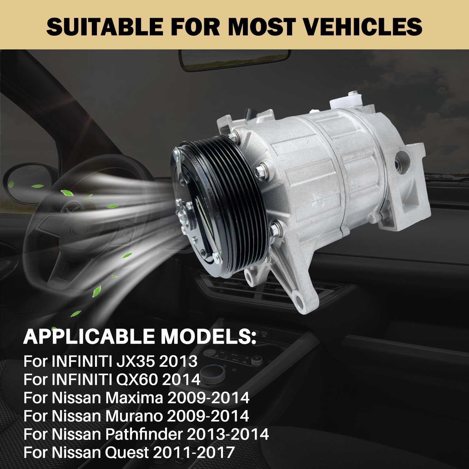 AC Compressor with A/C Clutch for Nissan (Maxima/Murano/Pathfinder/Quest 2.5L/3.5L 2009-2017) & INFINITI (QX60/JX35 2.5L/3.5L 2013-2014) | Replaces 926001JA0A, 926003JA1A
