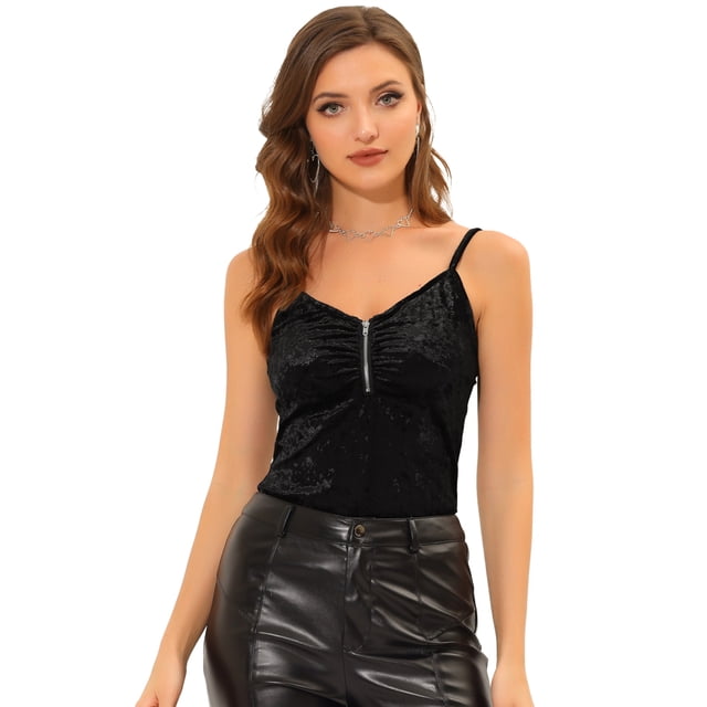INSPIRE CHIC Camiseta sin mangas de terciopelo para mujer con fruncido en la parte delantera para fiesta Negro M