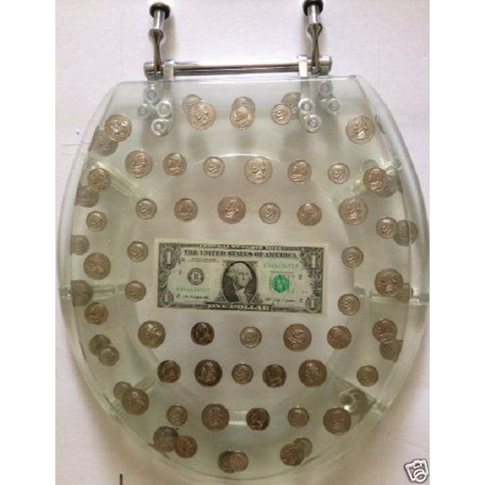 RESIN TOILET SEAT BIG MONEY DOLLAR, COINS, STANDARD ROUND CHROME HINGE