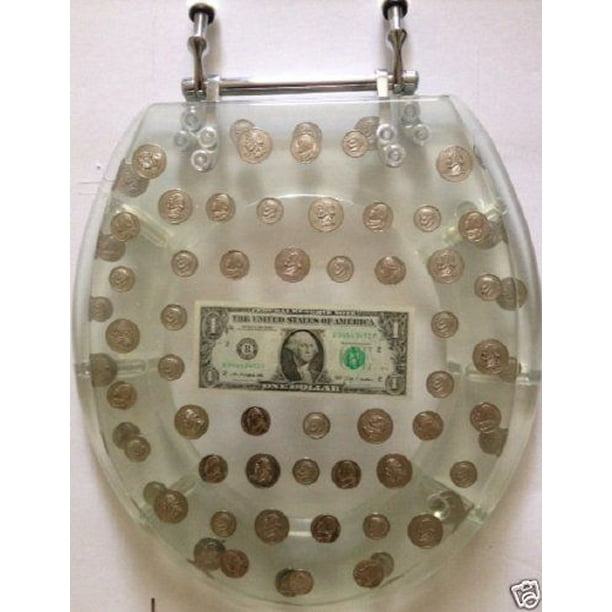 RESIN TOILET SEAT BIG MONEY DOLLAR, COINS, STANDARD ROUND CHROME HINGE