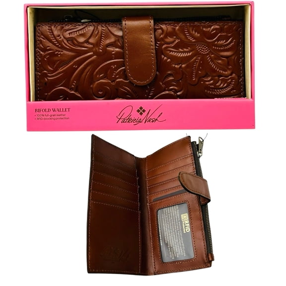 Patricia Nash Nazari Tooled Leather Bifold Wallet Florence Tan Brown Print RFDID