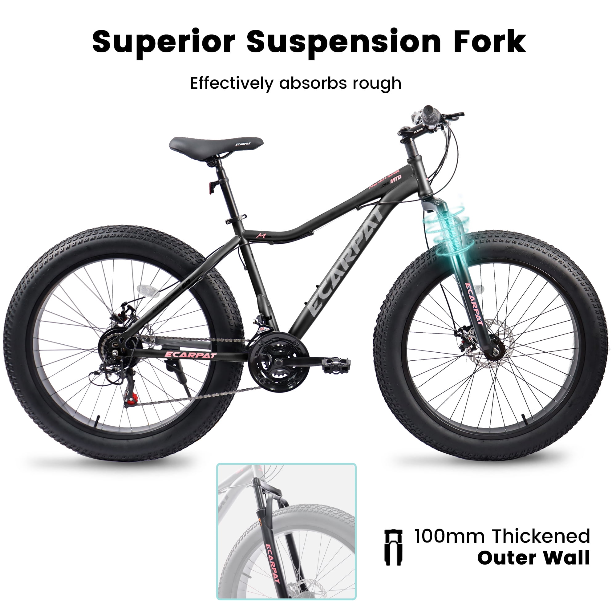 POWANLI 26"Fat Tires Mountain Bike,4-Inch Wide Wheel, 21-Speed Disc Brakes,Mens Womens Trail Beach Snow Commuter City Mountain Bike, Carbon Steel Frame Front Fork Bicycles